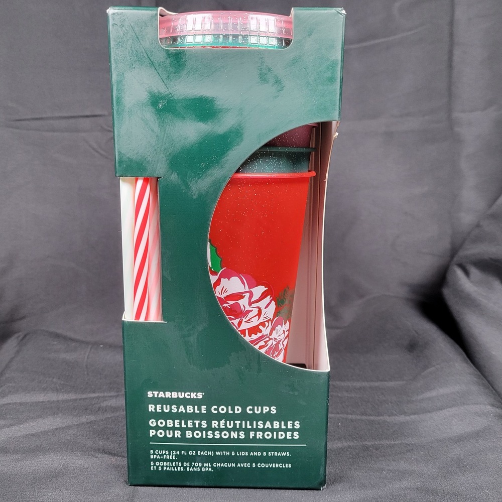 New Starbucks 2023 Holiday Reusable Cold 5‎ Cups Tumblers Venti 24oz Set NIB